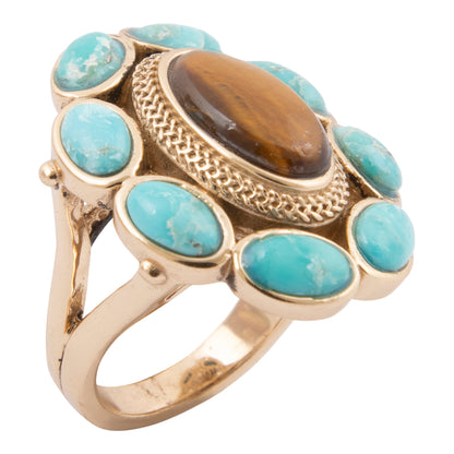 Brown Tiger's Eye and Blue Turquoise Golden Statement Ring