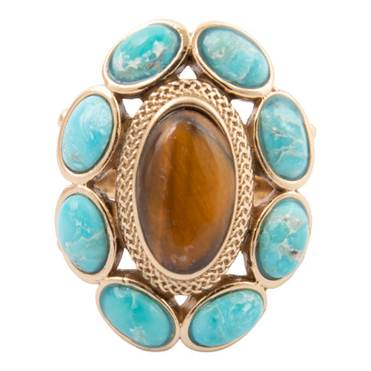 Brown Tiger's Eye and Blue Turquoise Golden Statement Ring