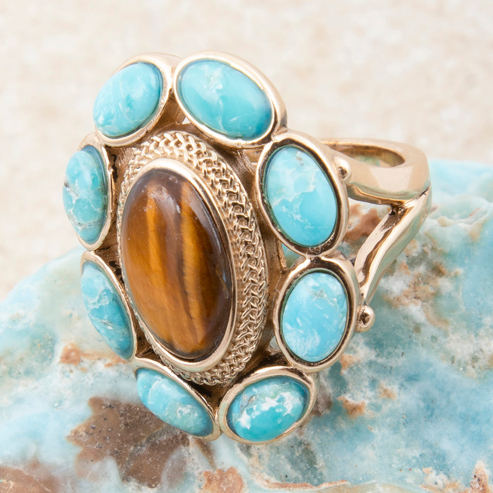 Brown Tiger's Eye and Blue Turquoise Golden Statement Ring