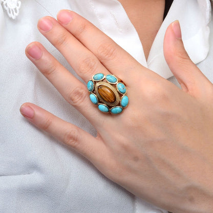 Brown Tiger's Eye and Blue Turquoise Golden Statement Ring