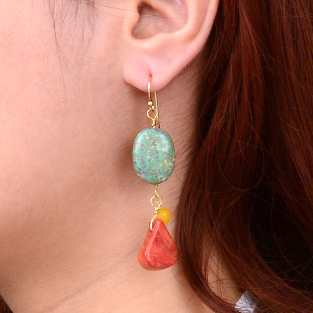 Red Coral and Magnesite Golden Drop Earrings