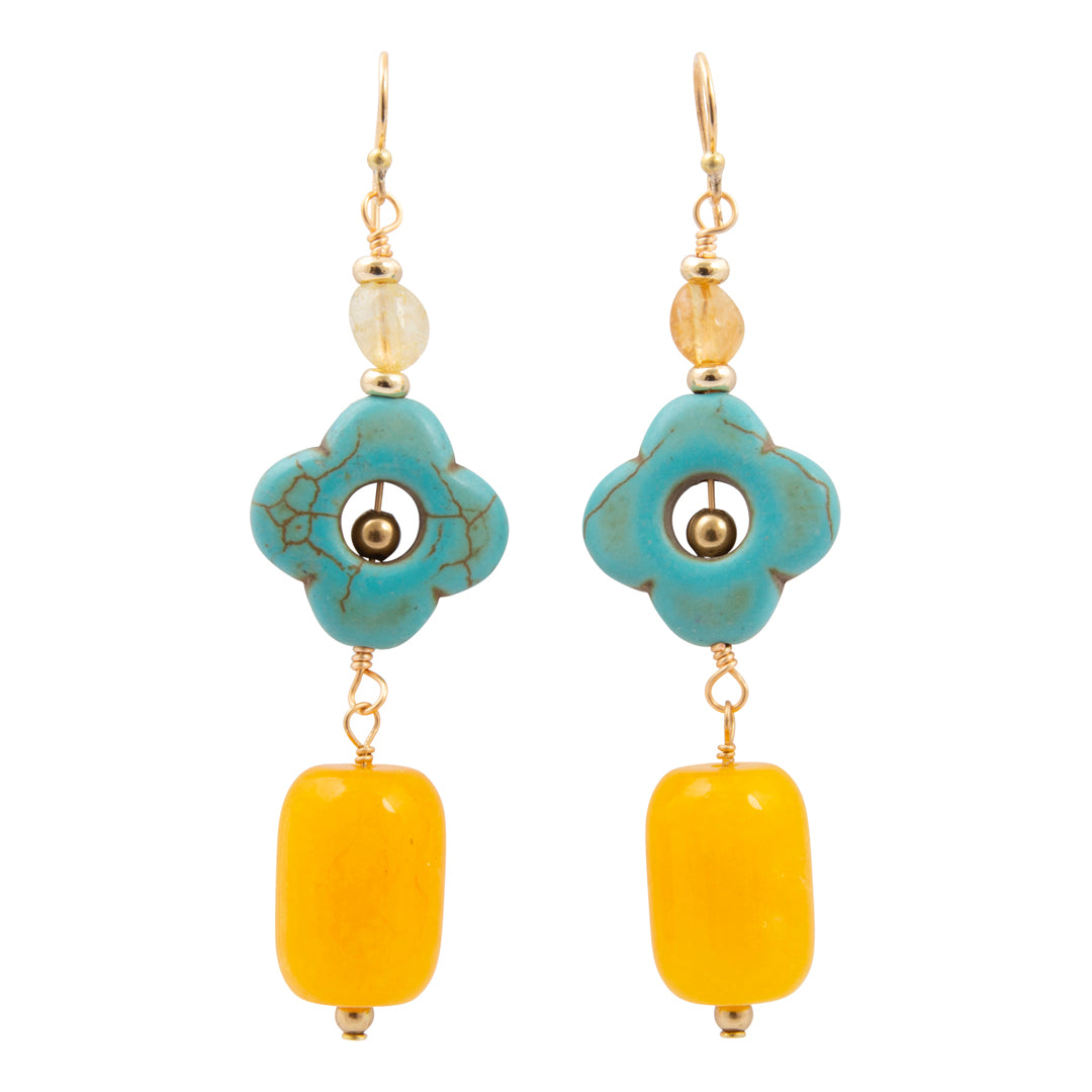 Pair of earrings with turquoise and yellow beads on a white background