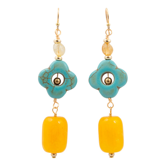 Pair of earrings with turquoise and yellow beads on a white background