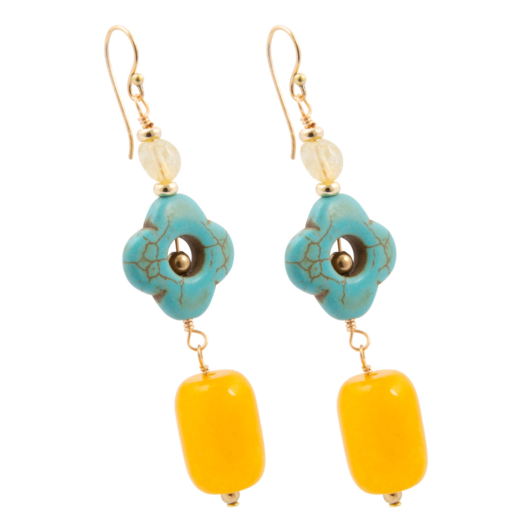 Pair of earrings with turquoise and yellow beads on a white background