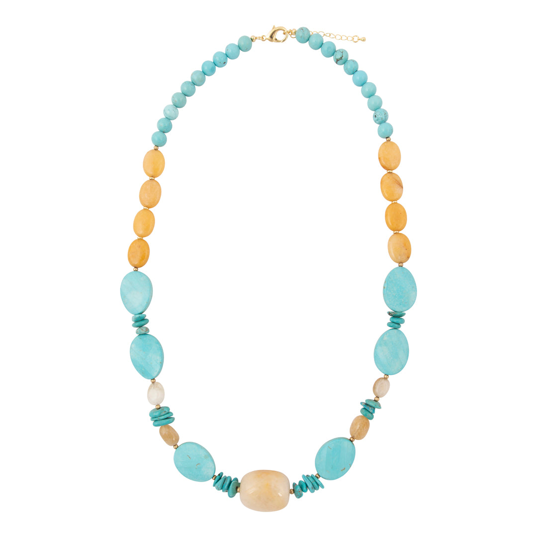 Necklace with blue and yellow beads on a white background