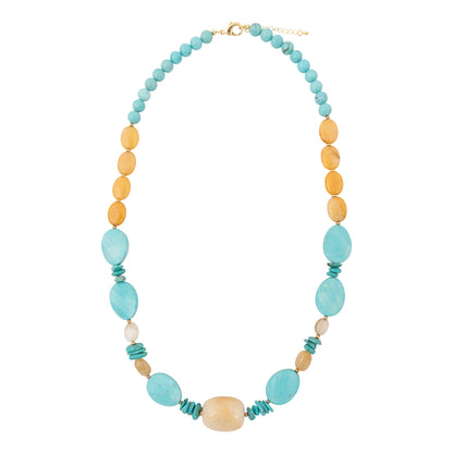 Necklace with blue and yellow beads on a white background