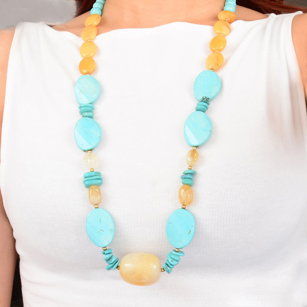 Oasis Blue Magnesite and Citrine Long Golden Statement Necklace
