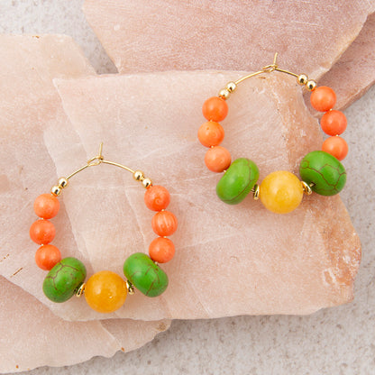 Piper Orange and Lime Green Magnesite Golden Hoop Earrings