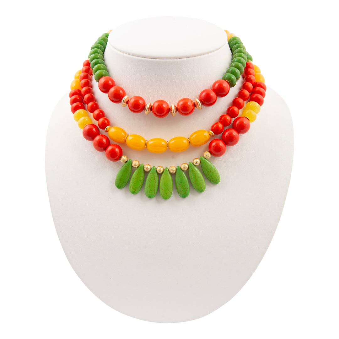 Colorful beaded necklace on a white mannequin bust