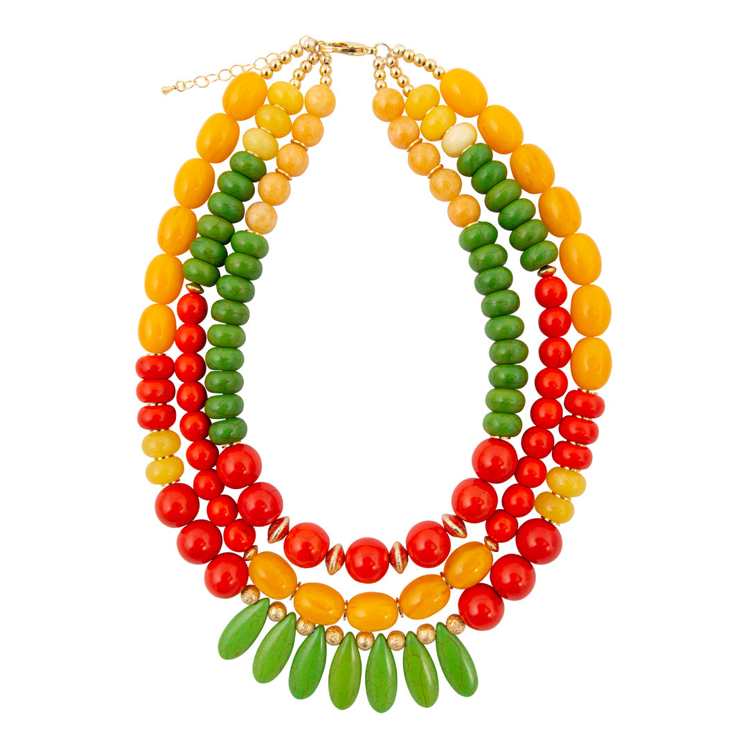 Colorful beaded necklace with green teardrop pendants on a white background