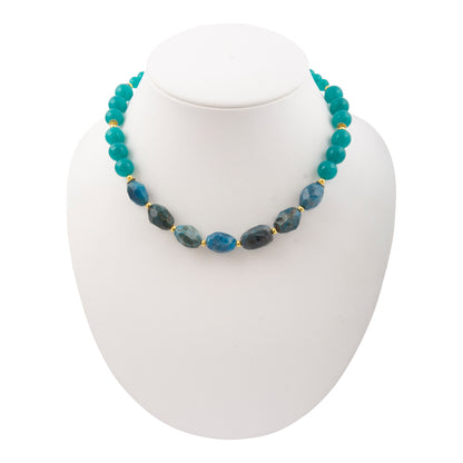 Teal Apatite and Jade Nugget Golden Necklace