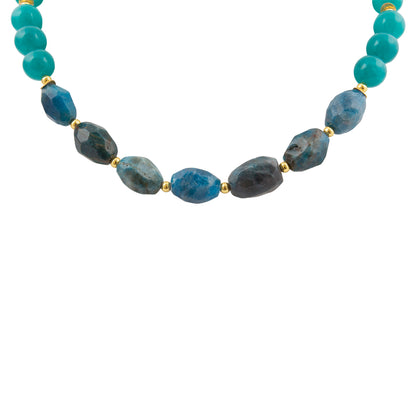 Teal Apatite and Jade Nugget Golden Necklace