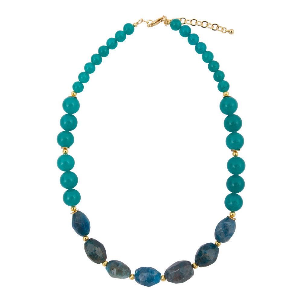 Teal Apatite and Jade Nugget Golden Necklace