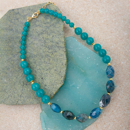 Teal Apatite and Jade Nugget Golden Necklace