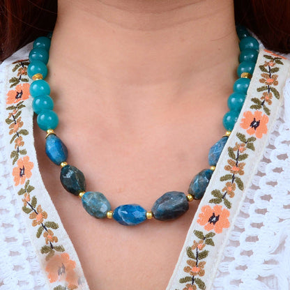 Teal Apatite and Jade Nugget Golden Necklace