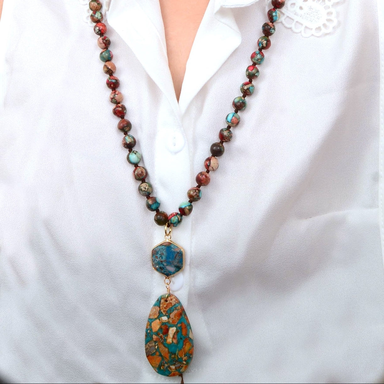 Rainbow Jasper Long Pendant Necklace