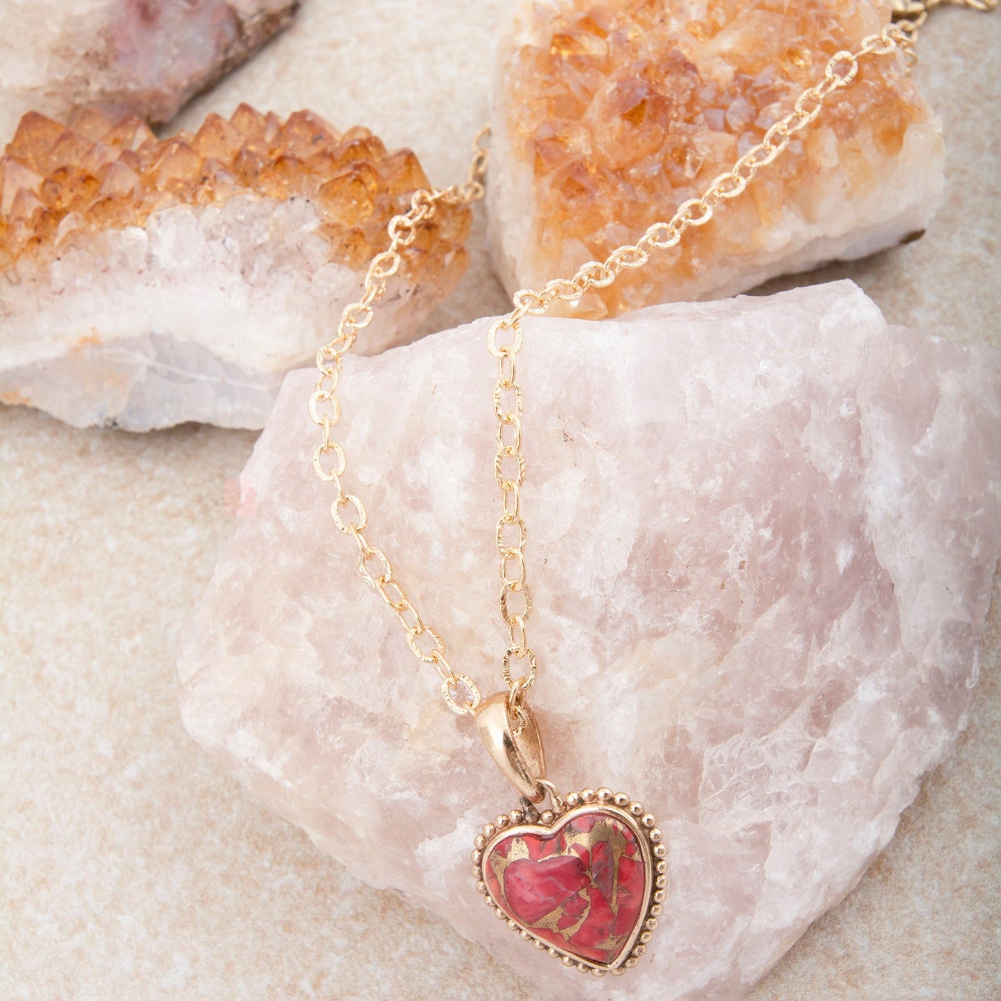 Hearts of Love Red Magnesite Golden Pendant Necklace