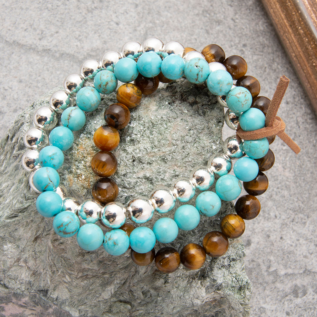 Desert Horizon Blue Turquoise and Tiger's Eye Silver Bracelet Set