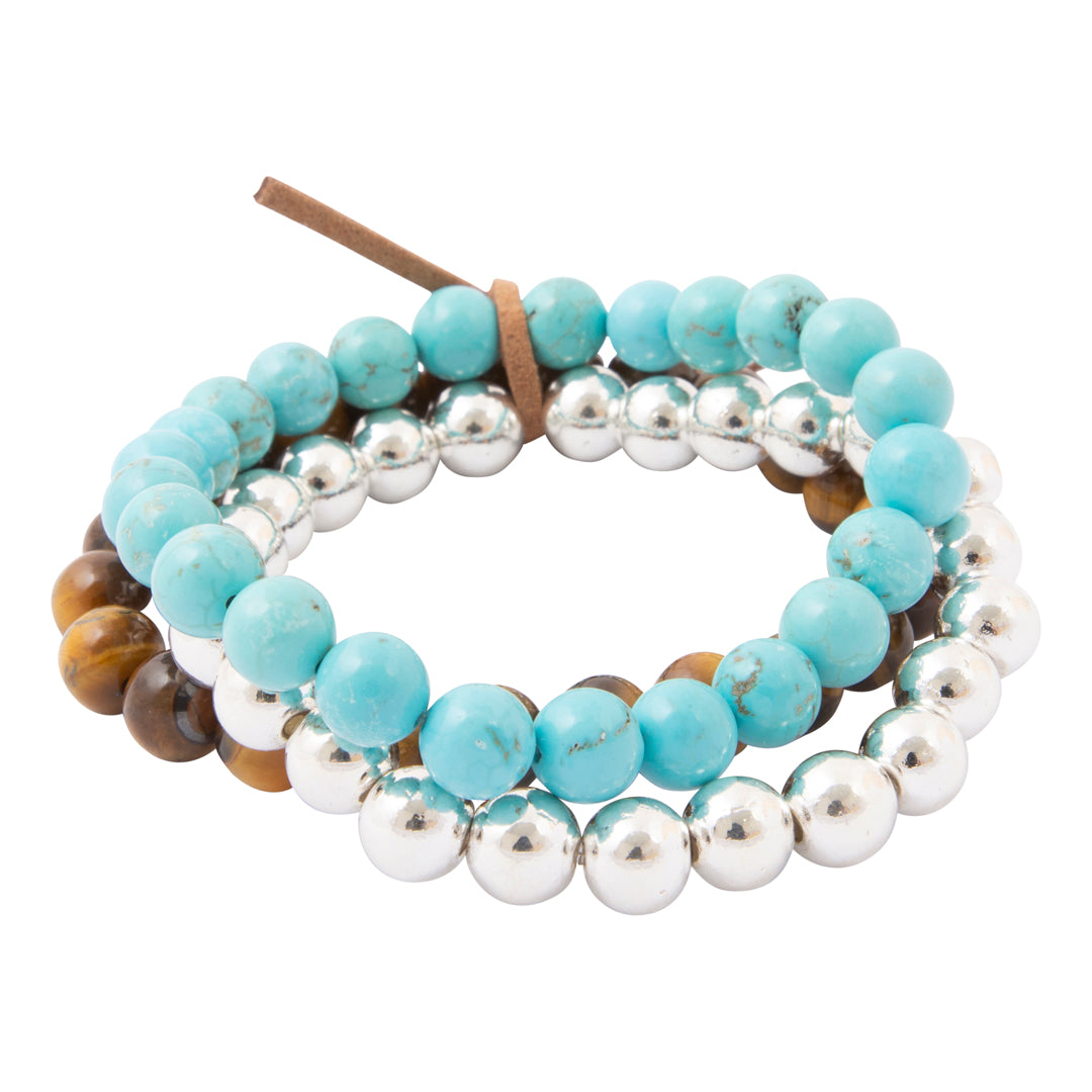 Desert Horizon Blue Turquoise and Tiger's Eye Silver Bracelet Set