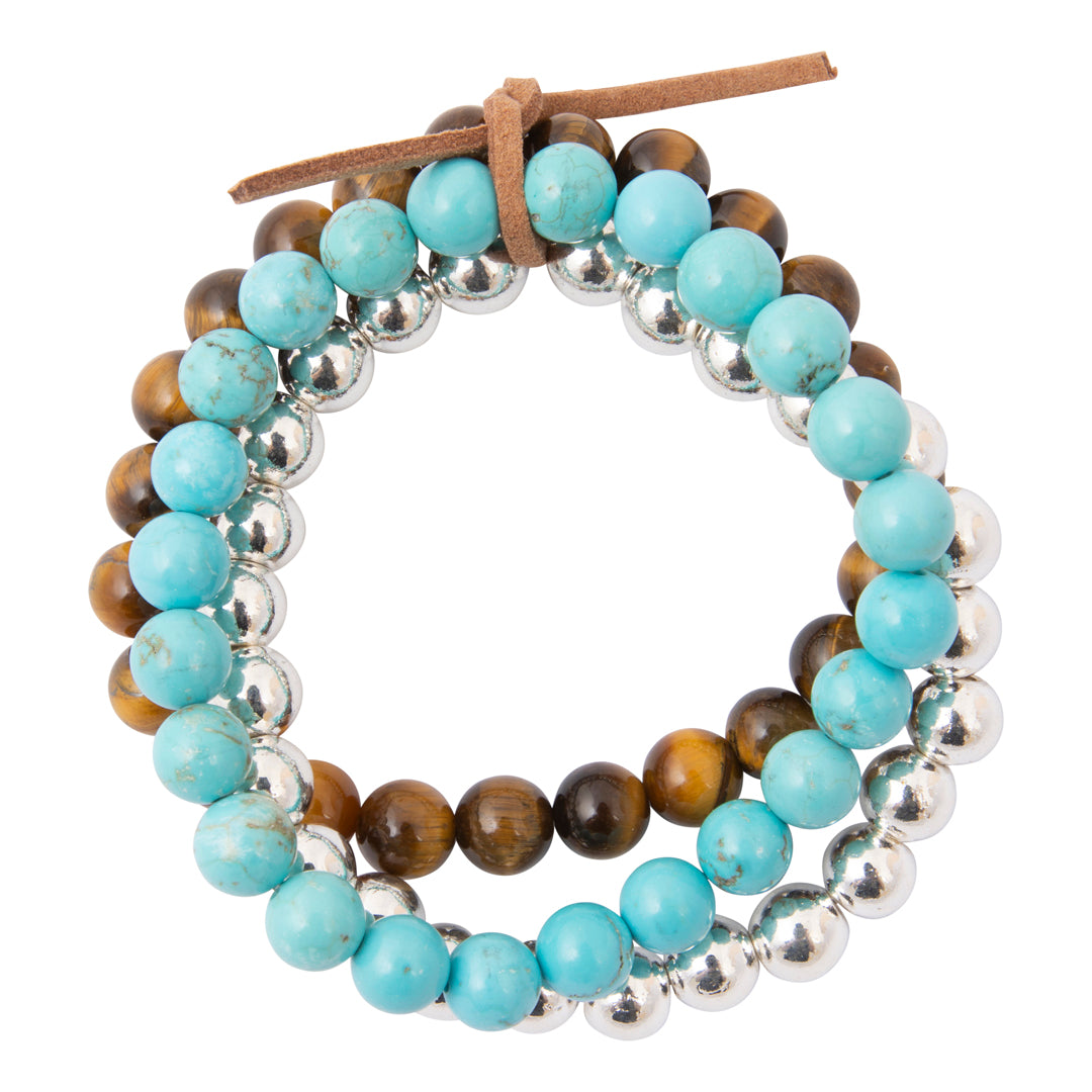 Desert Horizon Blue Turquoise and Tiger's Eye Silver Bracelet Set