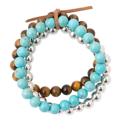 Desert Horizon Blue Turquoise and Tiger's Eye Silver Bracelet Set