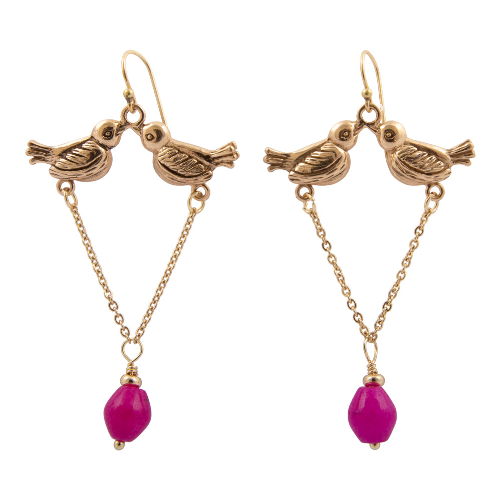 Kiss of Love Golden Bird Pink Quartz Drop Earrings