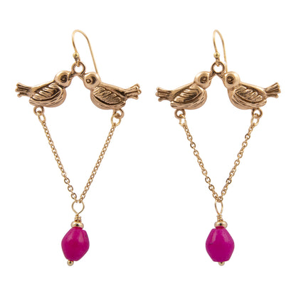Kiss of Love Golden Bird Pink Quartz Drop Earrings