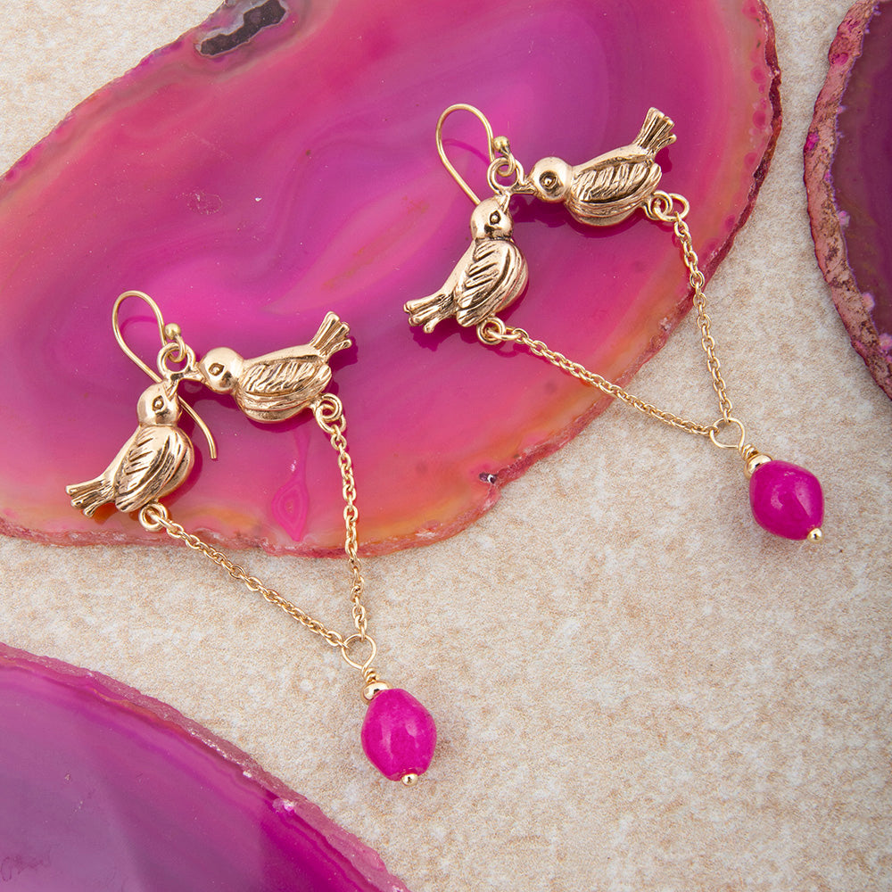 Kiss of Love Golden Bird Pink Quartz Drop Earrings
