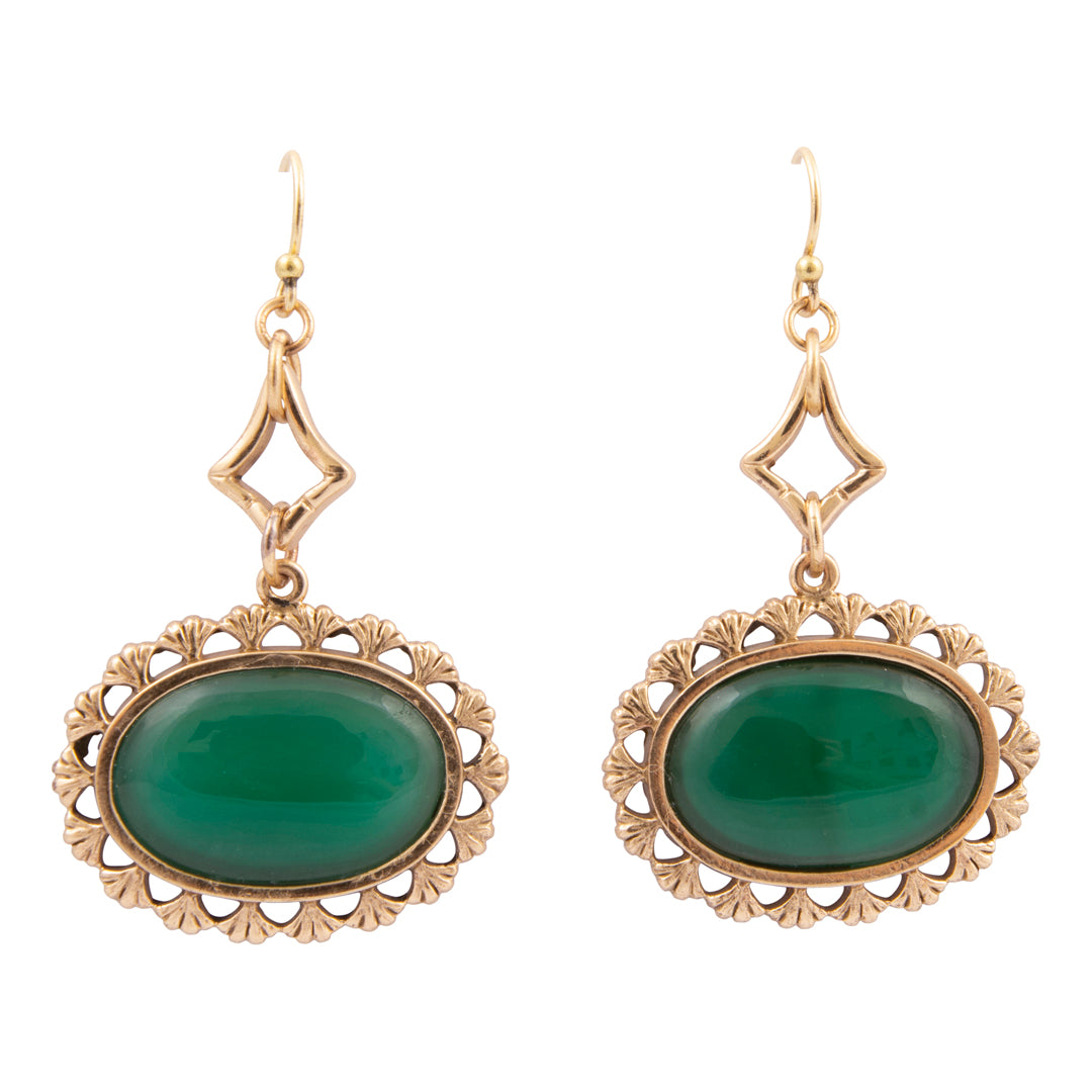 Gold earrings with green stones on a white background