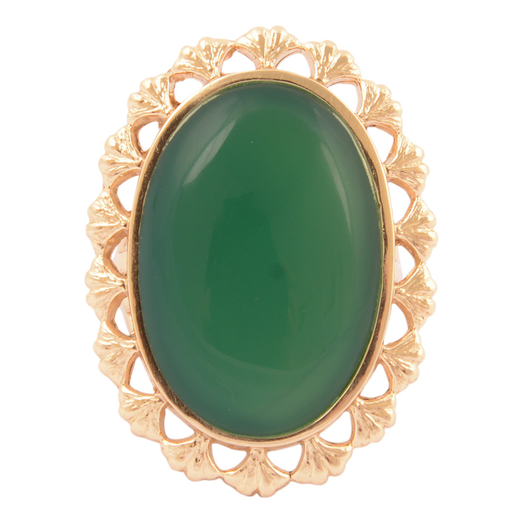Gold ring with a green stone on a white background
