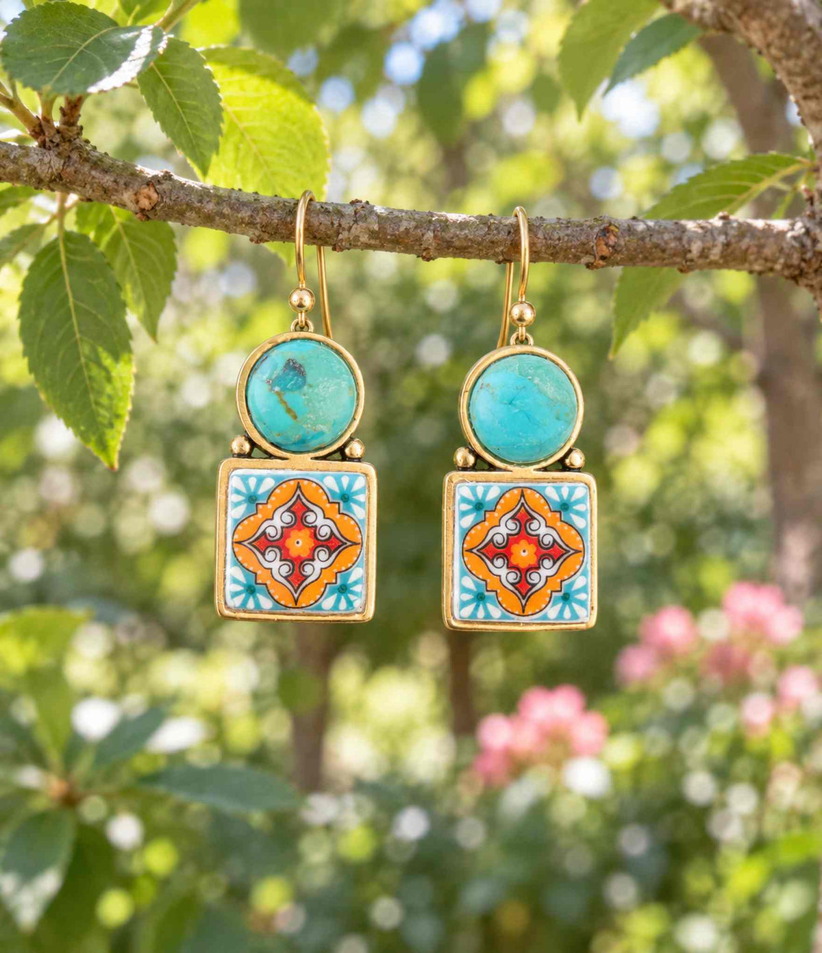 Barse PTILE04MUTB Talavera tile and blue turquoise earrings hanging from a branch.