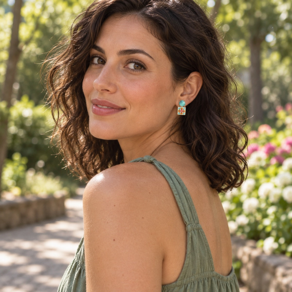 Model wearing Barse PTILE04MUTB Talavera tile and blue turquoise earrings.