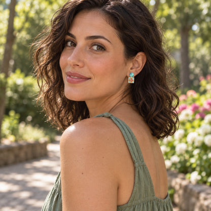 Model wearing Barse PTILE04MUTB Talavera tile and blue turquoise earrings.