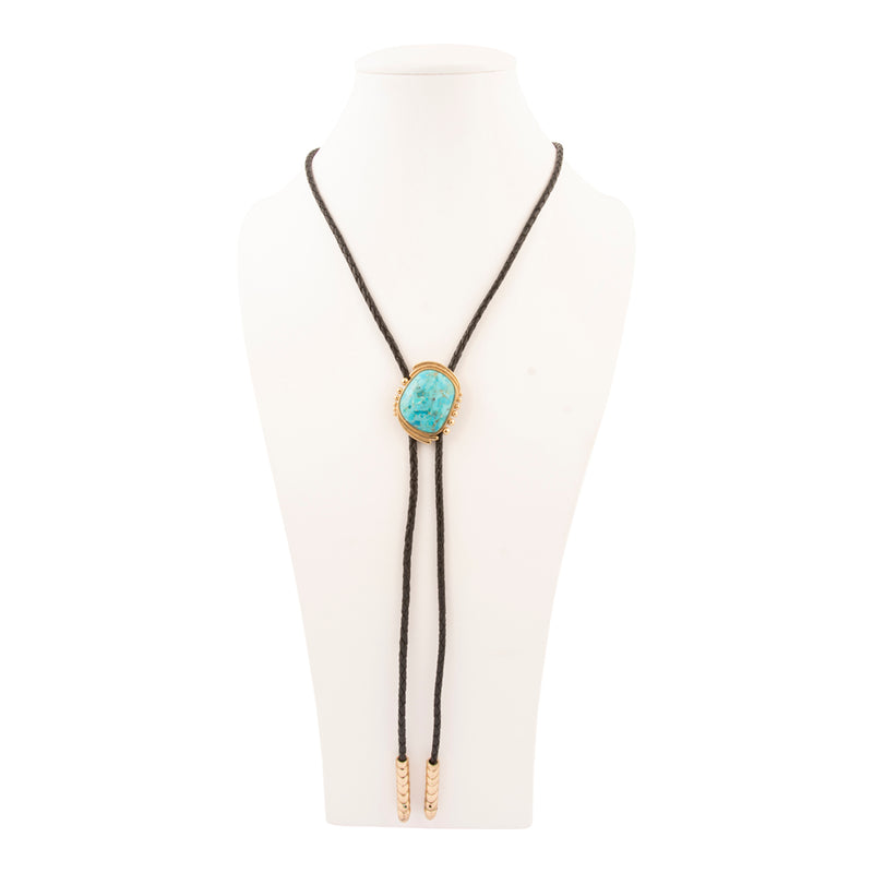 Rawlins Blue Turquoise Black Leather Golden Bolo Necklace