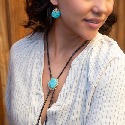 Rawlins Blue Turquoise Black Leather Golden Bolo Necklace