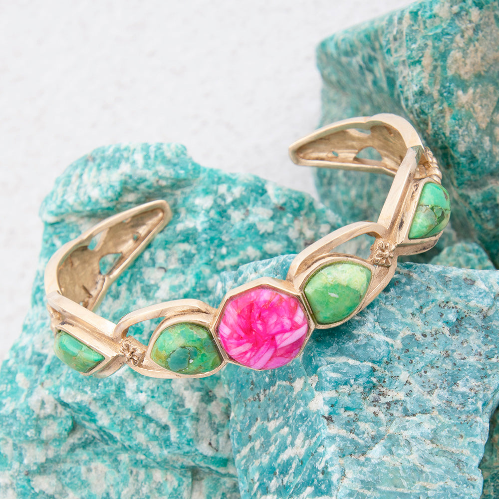 Fresh Fuchsia Pink and Lime Green Turquoise Golden Cuff Bracelet