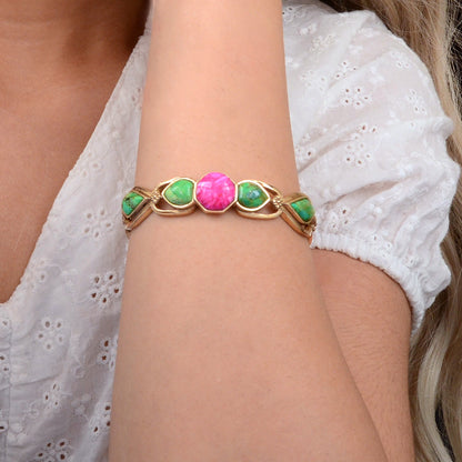 Fresh Fuchsia Pink and Lime Green Turquoise Golden Cuff Bracelet