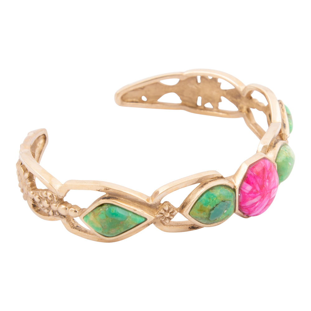 Fresh Fuchsia Pink and Lime Green Turquoise Golden Cuff Bracelet