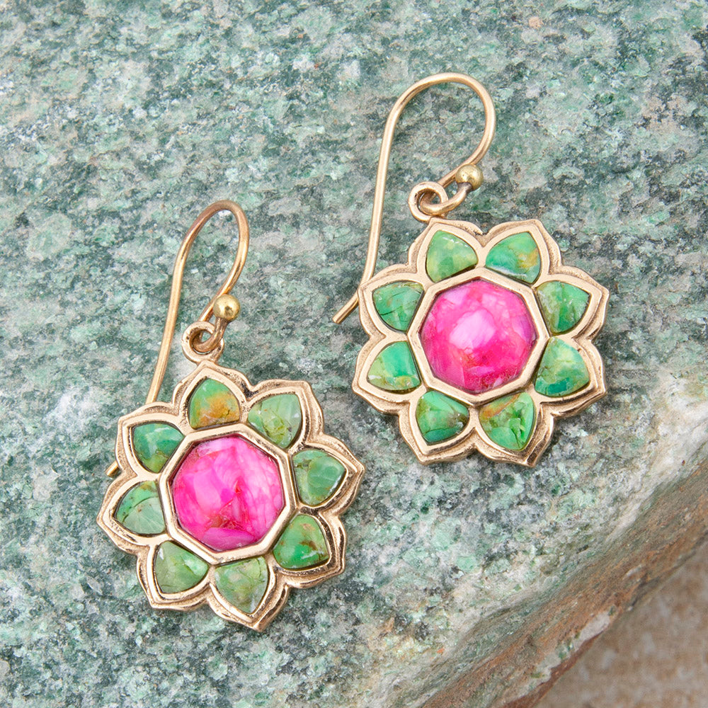 Fresh Fuchsia Pink and Lime Green Turquoise Golden Drop Earrings