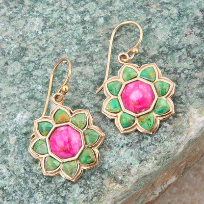Fresh Fuchsia Pink and Lime Green Turquoise Golden Drop Earrings