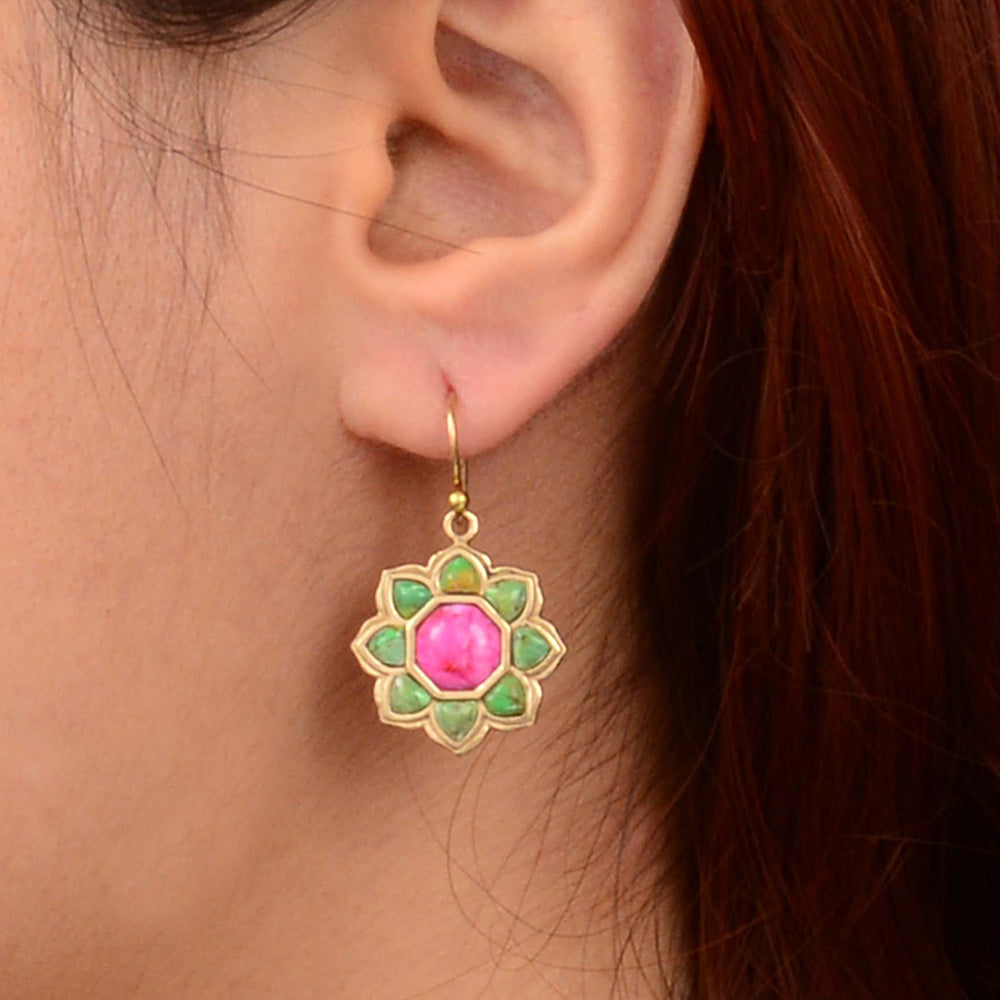 Fresh Fuchsia Pink and Lime Green Turquoise Golden Drop Earrings