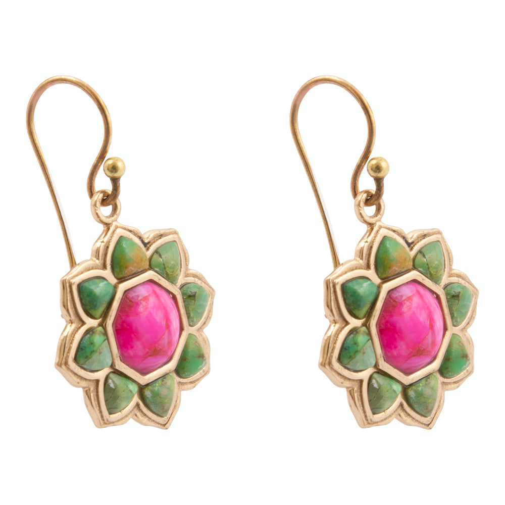 Fresh Fuchsia Pink and Lime Green Turquoise Golden Drop Earrings