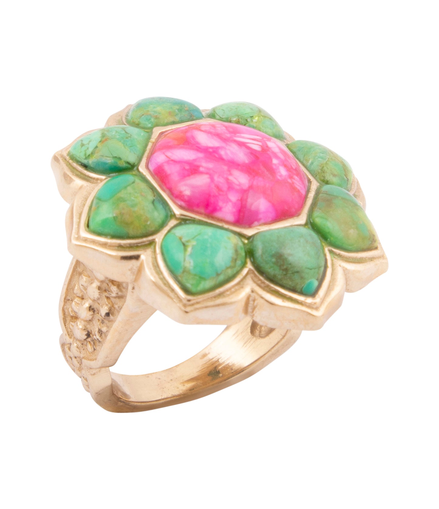 Fresh Fuchsia Pink Magnesite and Lime Green Turquoise Golden Statement Ring