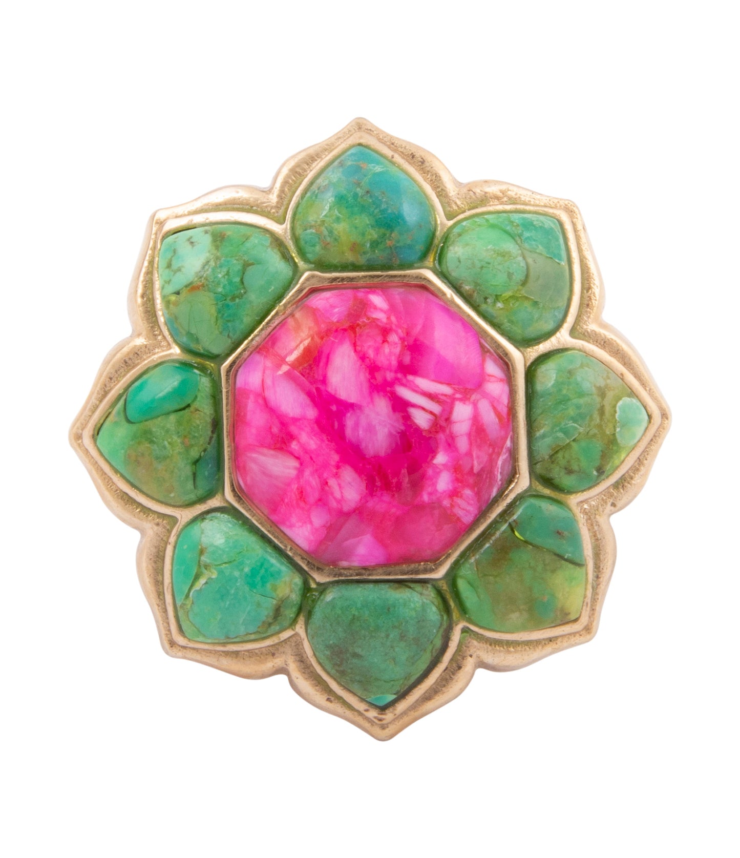 Fresh Fuchsia Pink Magnesite and Lime Green Turquoise Golden Statement Ring