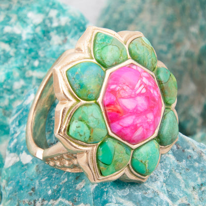 Fresh Fuchsia Pink Magnesite and Lime Green Turquoise Golden Statement Ring