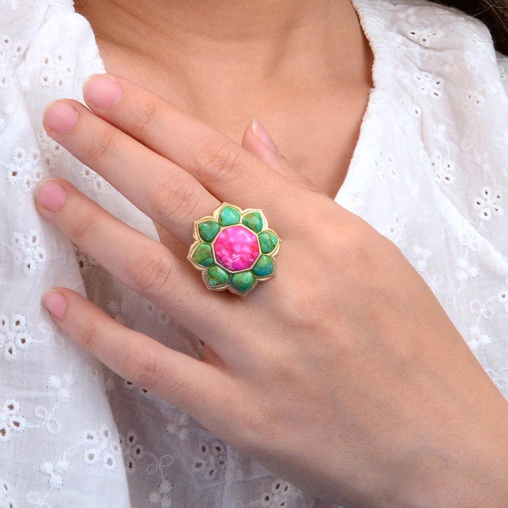 Fresh Fuchsia Pink Magnesite and Lime Green Turquoise Golden Statement Ring