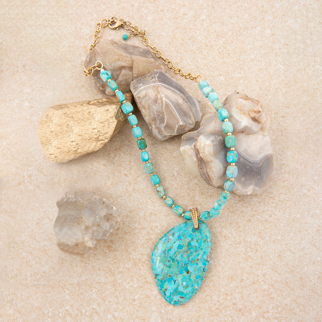 Refined Blue Turquoise Golden Drop Pendant Necklace