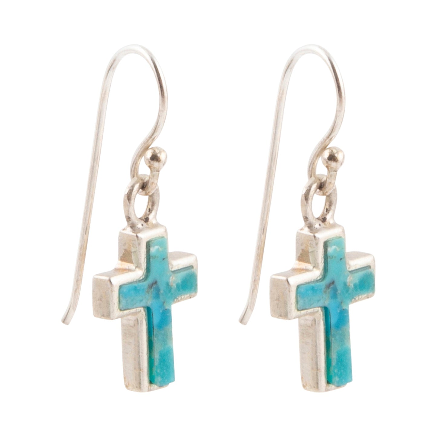 Silver cross earrings with turquoise accents on a white background