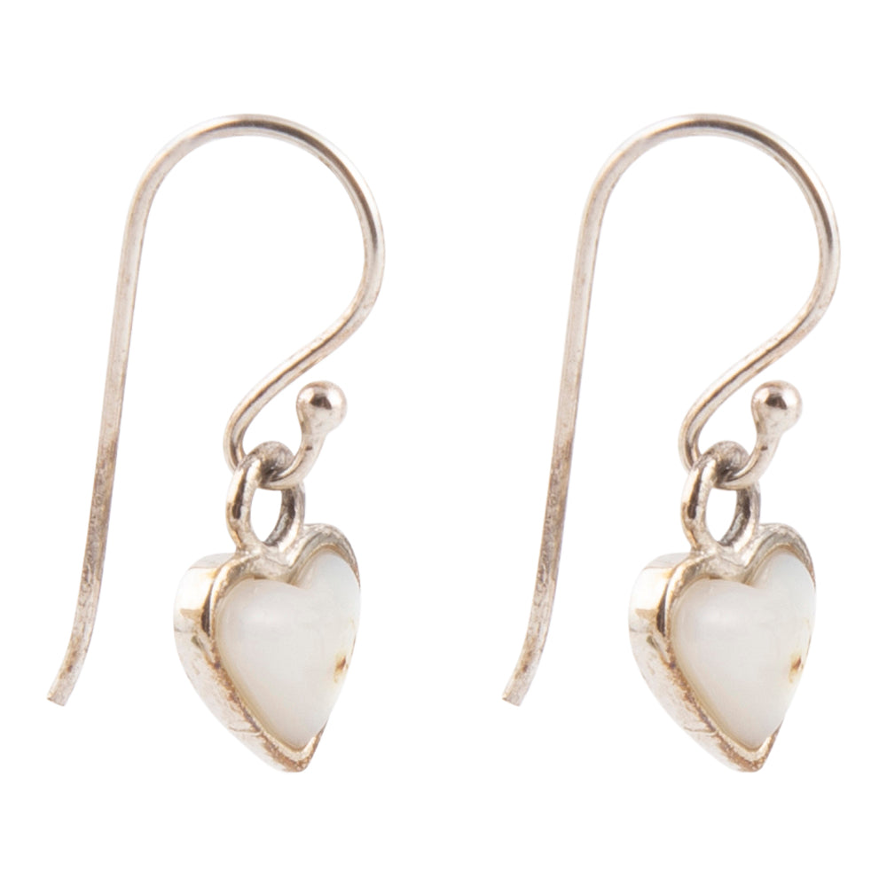 Dainty White Mother of Pearl Sterling Silver Heart Drop Earrings