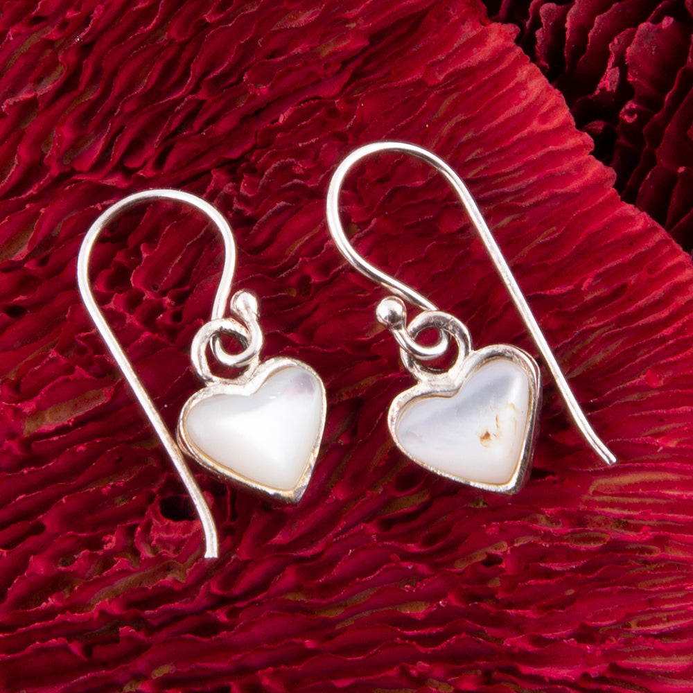 Dainty White Mother of Pearl Sterling Silver Heart Drop Earrings